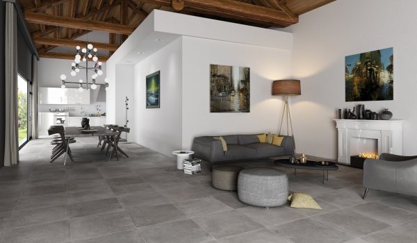 Imitace betonu jsou dokonale přizpůsobivé. Hezky budou vypadat s dlažbou v dekoru dřeva či kamene